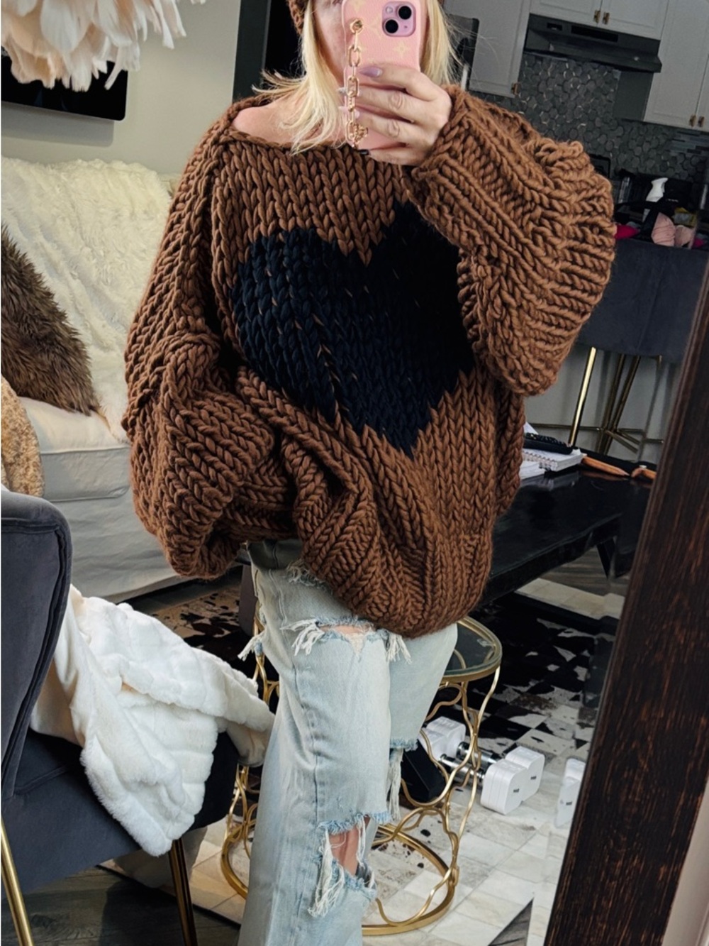 Chunky Hand Knit Love Heart Sweater Set in Fawn Brown/Black